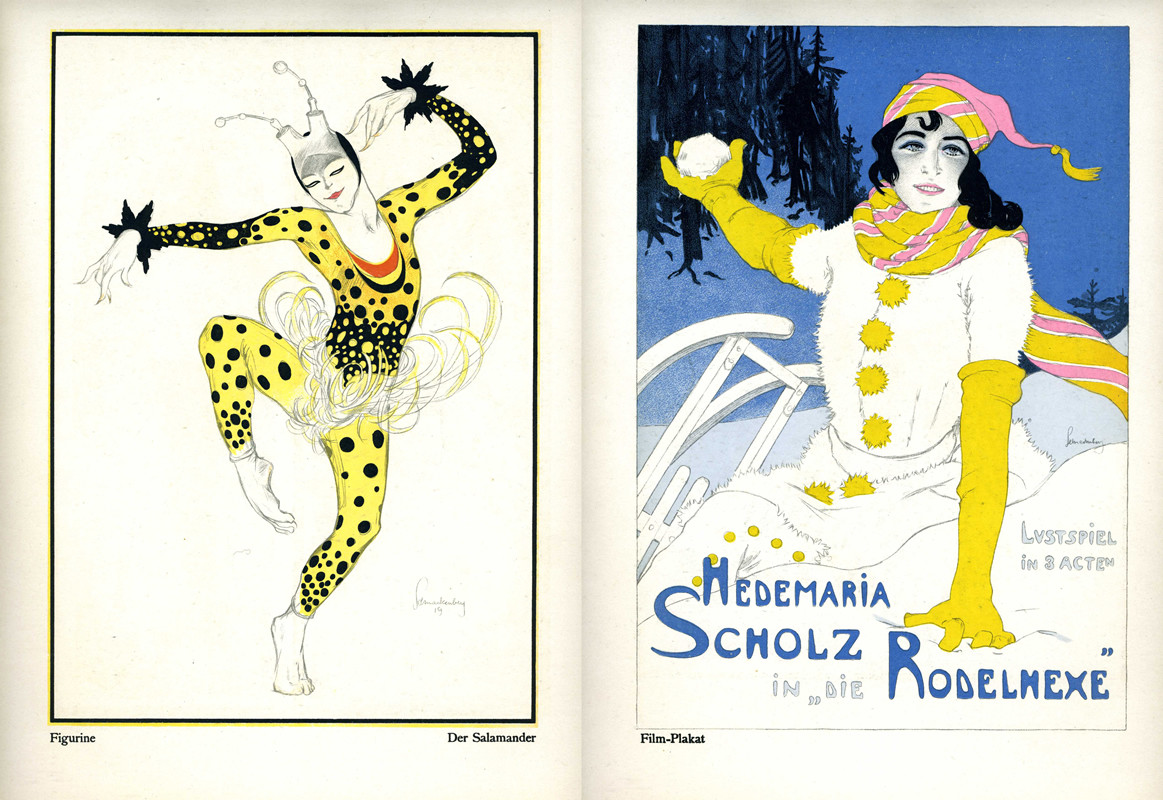 Dancer posing in reptilian costume with antennae headdress/Woman in winter clothing launching snowball; pink, blue, yellow, black
