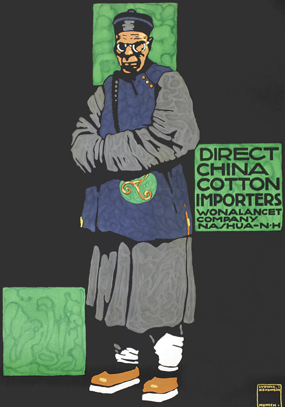 Chinese man in costume with hands folded; black, green, mauve