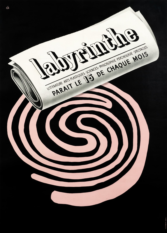 Pink maze and a newspaper; black, pink