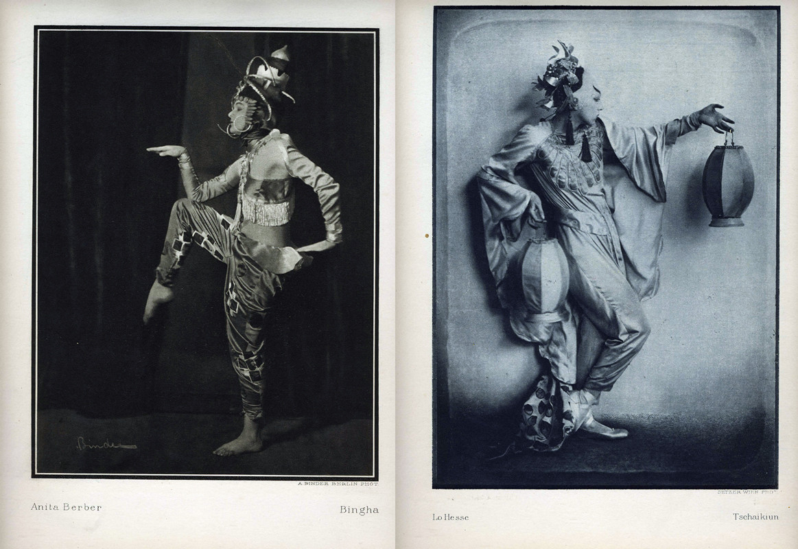 Photograph of dancer doing 'the Egyptian'/Dancer holding lanterns; black, white