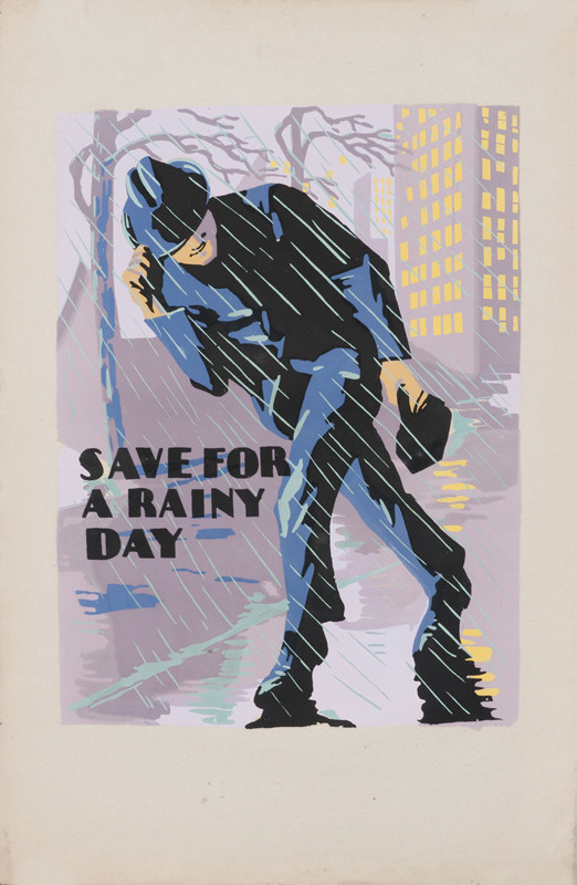 Man shields face from rain; purple, blue, black