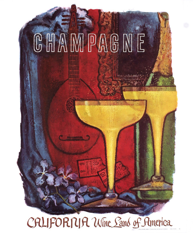 Champagne saucers, show tickets, mandolin; red, yellow, blue