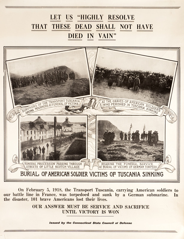 Four photos of funeral procession, graves, survivors of US soldiers from the ship Tuscania; black, white