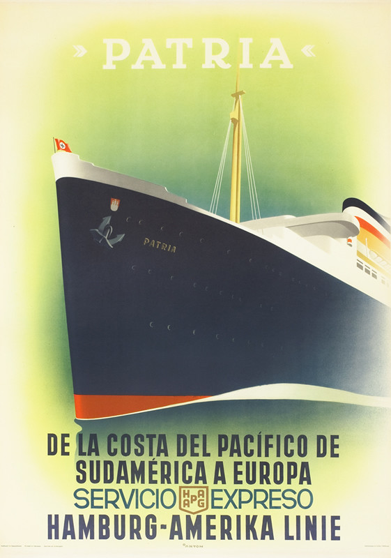 Ocean liner with prow looming, Nazi flag flying; green, black, white