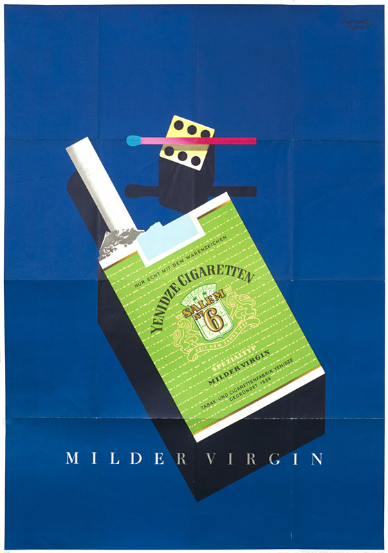 Pack of cigarettes, match and die above; blue, green