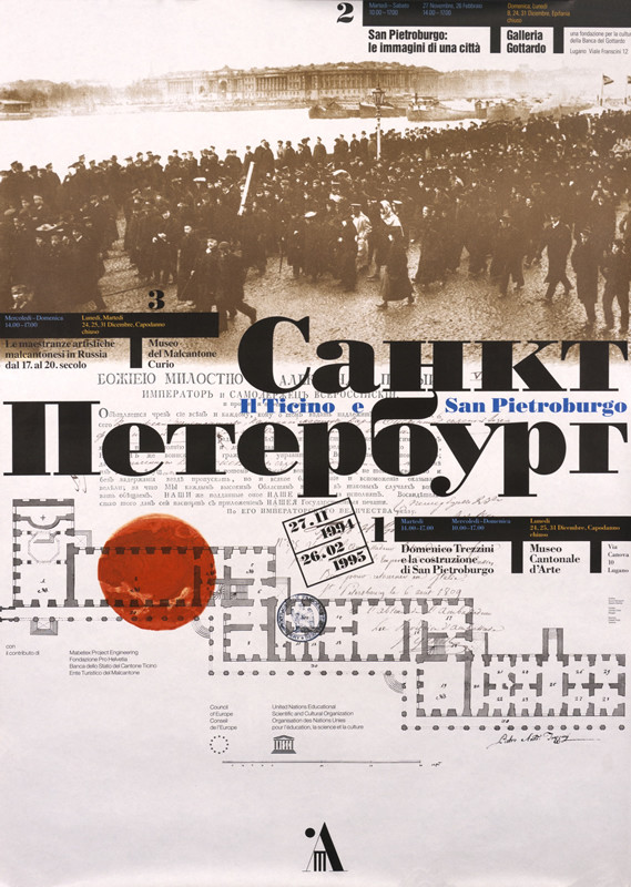 Building plan and old photograph with text; white, black, brown, orange