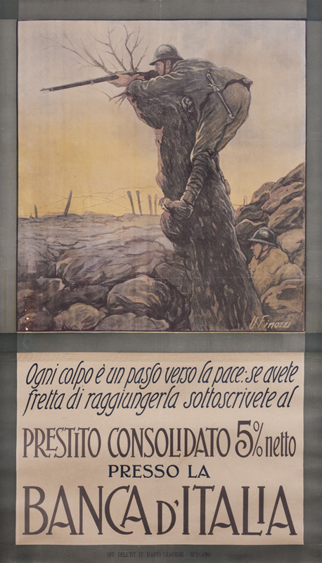 Soldier in tree aims a rifle across barren landscape; brown, green, blue