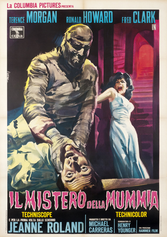 Mummy chokes man while woman in background screams; pink, aqua, green, yellow