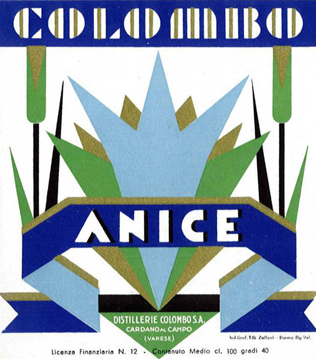 Geometric plant shapes; blue, green, gold
