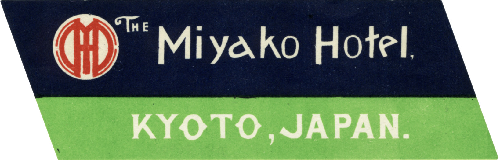 Text in two bars with hotel logo at left; green, blue, red