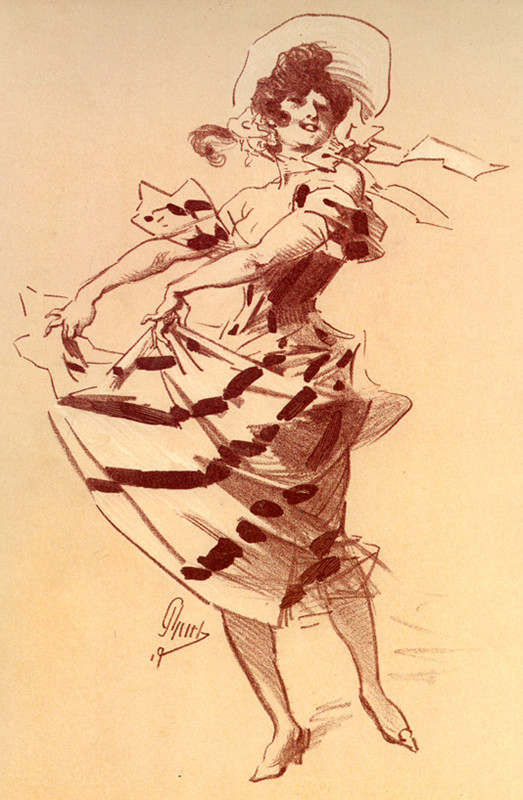 Woman in striped dress strikes pose; sepia, white