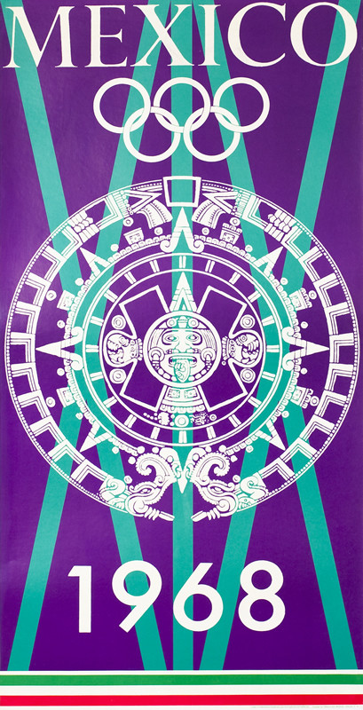 Circular Aztec design, Roman numerals "XI," Olympic rings; turquoise, purple, white
