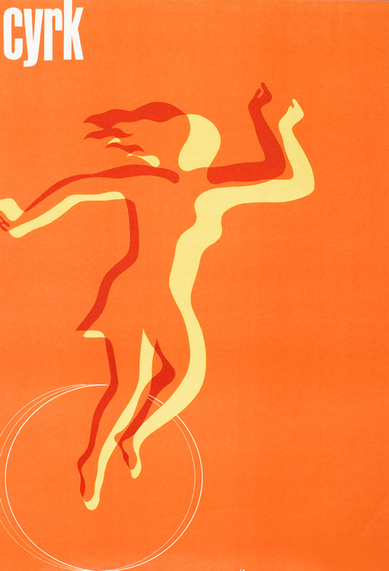 Abstract woman balances on unicycle; yellow, orange, white