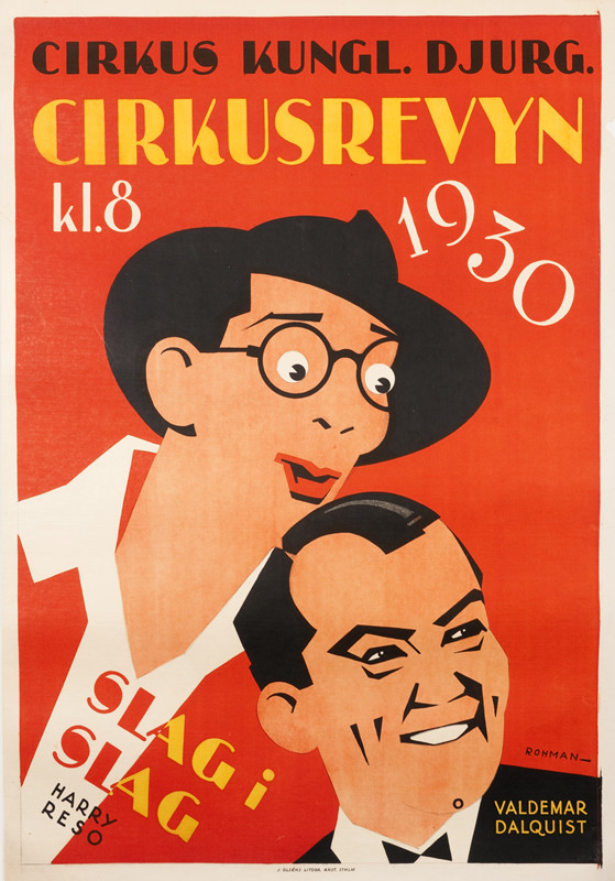 Goofy looking Harry Reso in hat and glasses with bulging eyes, Valdemar Dalquist with hair slicked back; red, yellow, black