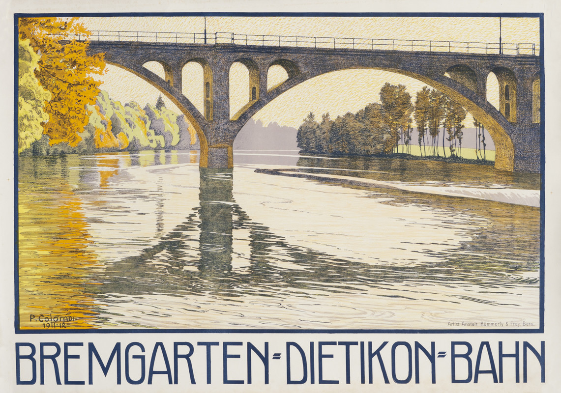 Impressionistic view of train bridge over water, trees along coast; brown, blue, white, orange