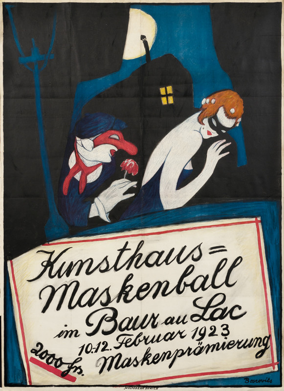 Masked man seduces masked woman with flower; blue, black