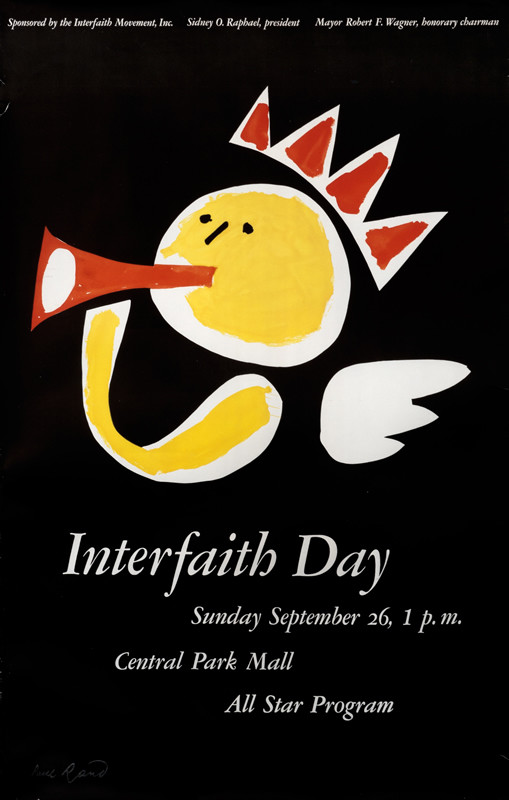 Cartoon angel blows a horn; yellow, white, red on black