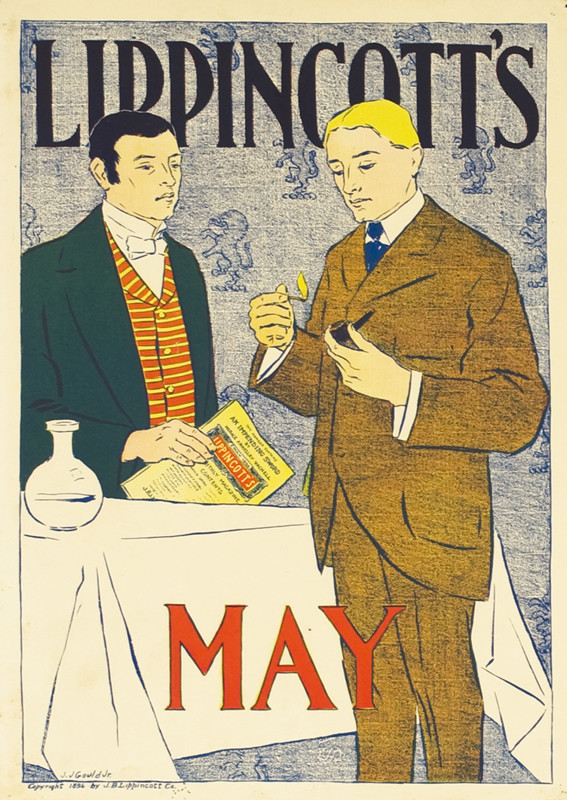 Man in suit with match and pipe, another in tuxedo holds edition of Lippincott's; blue, brown, green, red