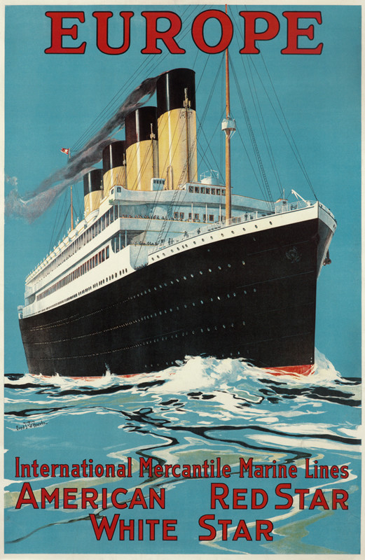 American Red Star White Star ocean liner steams ahead; red, white, blue, black
