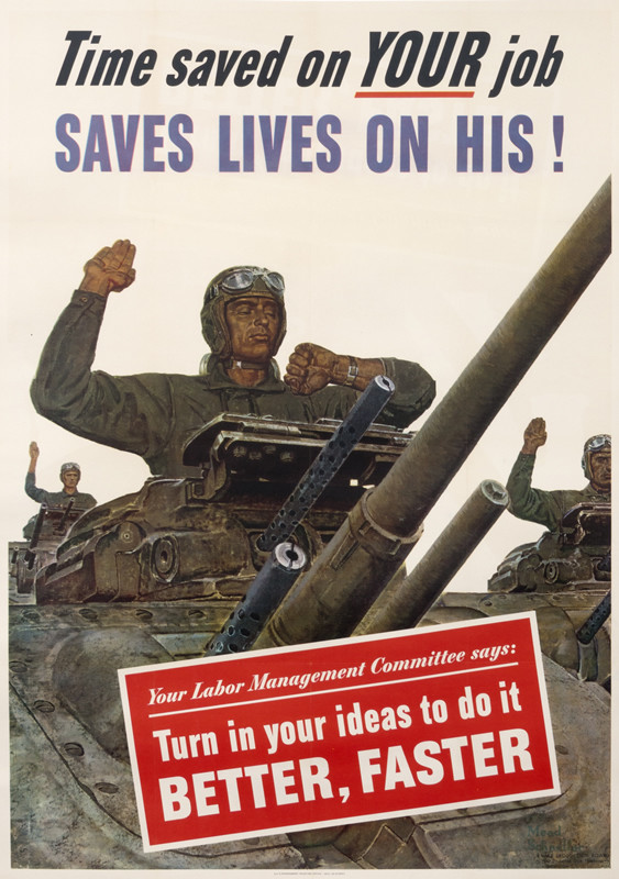 Soldier sits atop tank and checks watch; brown, red, white