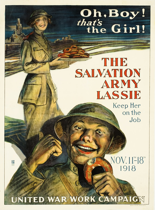 Girl serves donuts to smilling soldier ("doughboy"); red, white, blue, brown