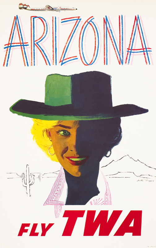 Woman in western hat, plane overhead; orange, green, yellow, red