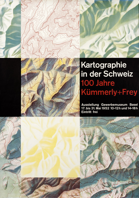 Squares of topographical maps; green, yellow, red, black