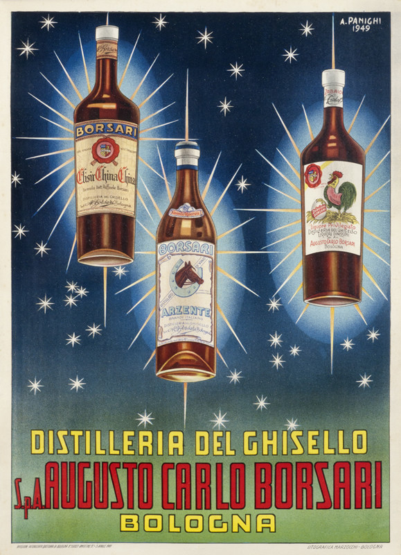 3 Borsari liquor bottles float amongst the stars; blue, green, yellow
