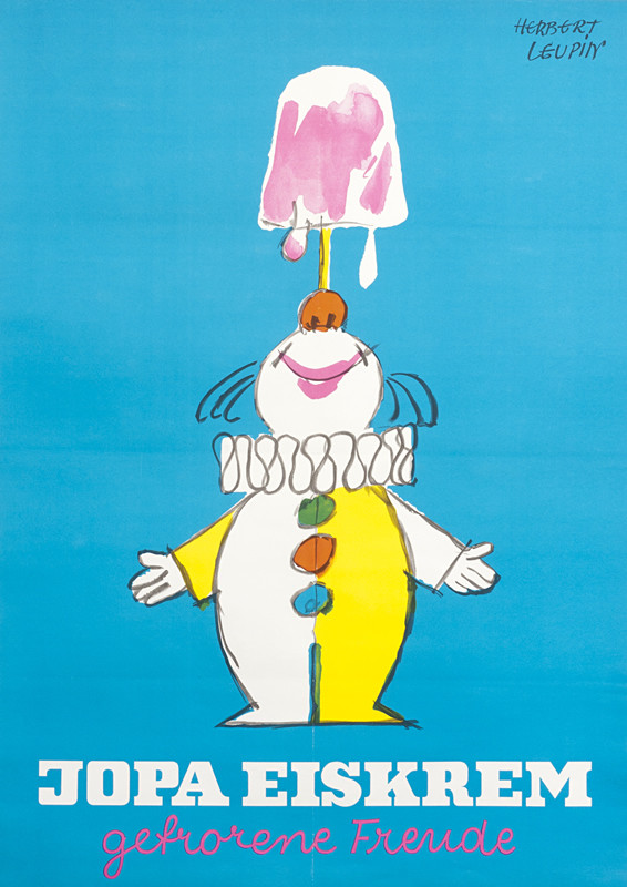 Clown balances ice cream on nose; blue, pink
