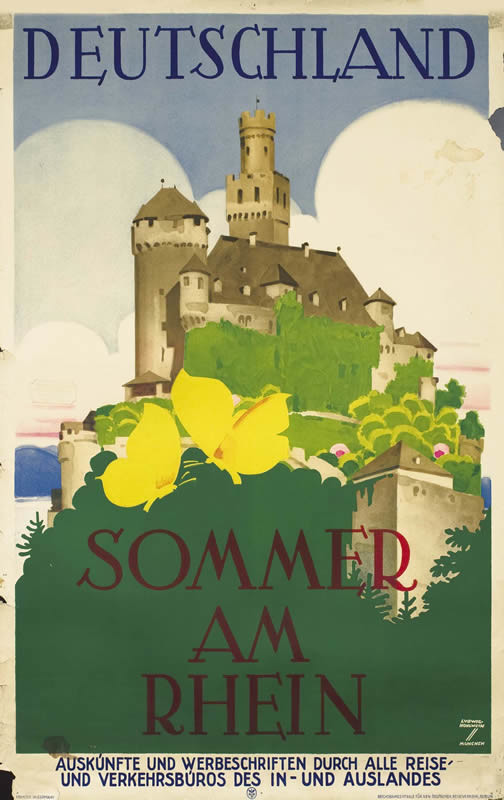 Castle perched above river, foliage and butterfiles in foregroun; blue, green, yellow
