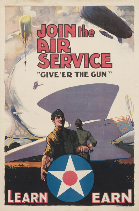 Airman holds up air service medallion in front of aerial dogfight including British S-3 air ship; red, blue, beige