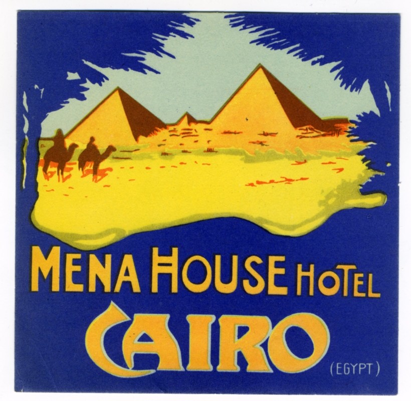 View of Great Pyramids, camels, palm trees, oasis; yellow, blue, orange