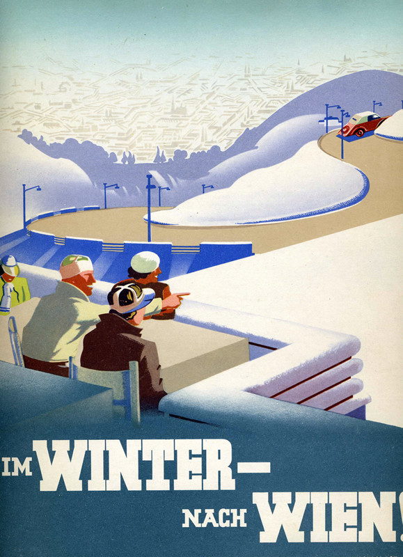 Skiiers look down on ski slopes and Vienna in distance; blue, beige