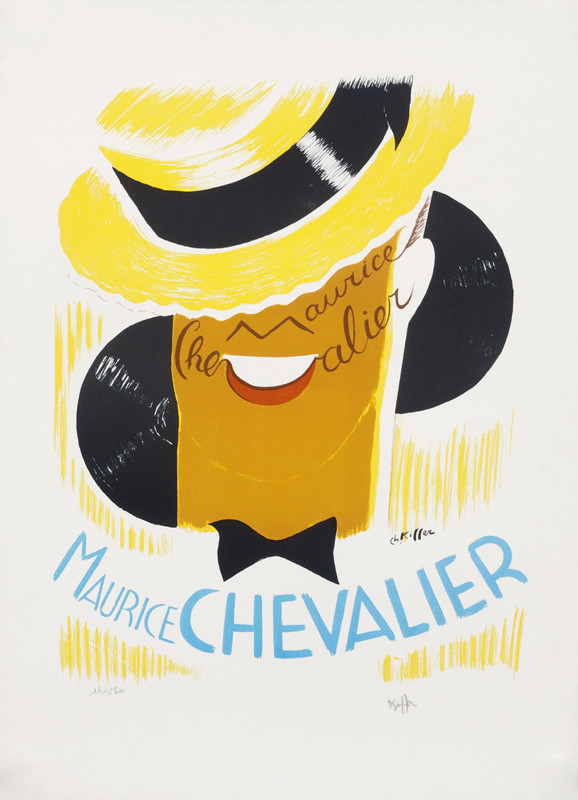 Face with straw hat, bowtie, records; yellow, black, orange
