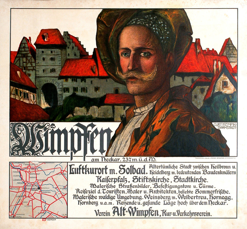 Portrait of man in medieval costume in front of city, red, orange