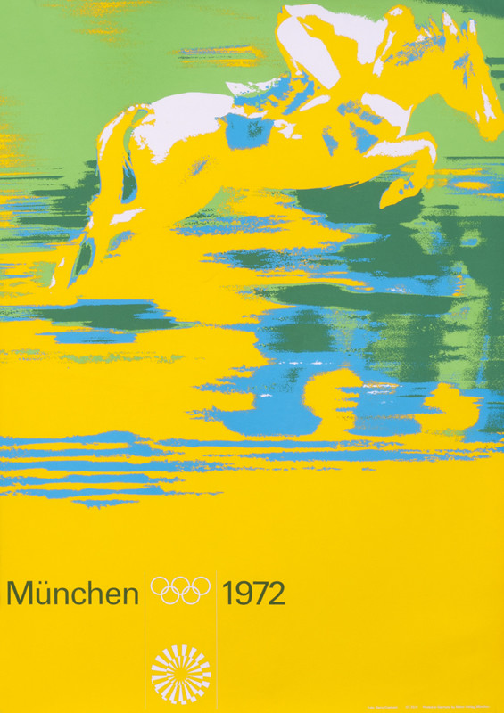 Horseback rider jumps; yellow, green, blue