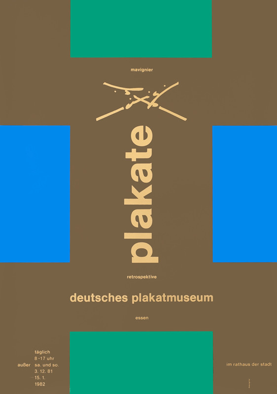 Blue and green color blocks, text; brown, blue, green, bronze
