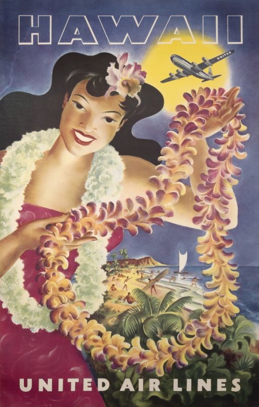 Hawaiian woman holds up Lei, beachside scene, with sun and plane; pink, blue, red, orange, yellow, green