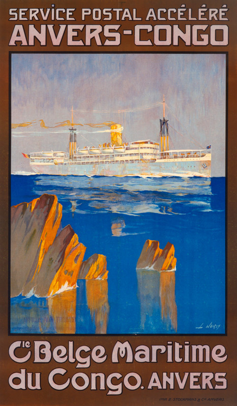 White ocean liner Elisabethville passes rocks; blue, yellow