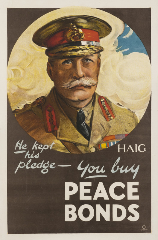 Field Marshal Haig gazes at viewer; brown, white, red, blue