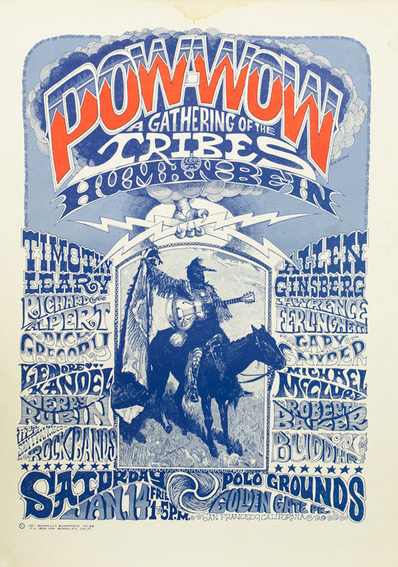 Indian brave on horseback holds electric guitar, surrounded by stylized text, with Timothy Leary, Allen Ginsberg et al; red, white, blue