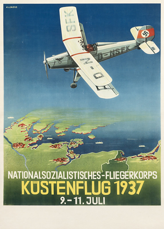 NSFK Nazi Bi-plane flies over earth; blue, green, red