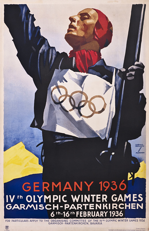 SKIER WITH OLYMPIC LOGO; BLACK, RED, BLUE, YELLOW