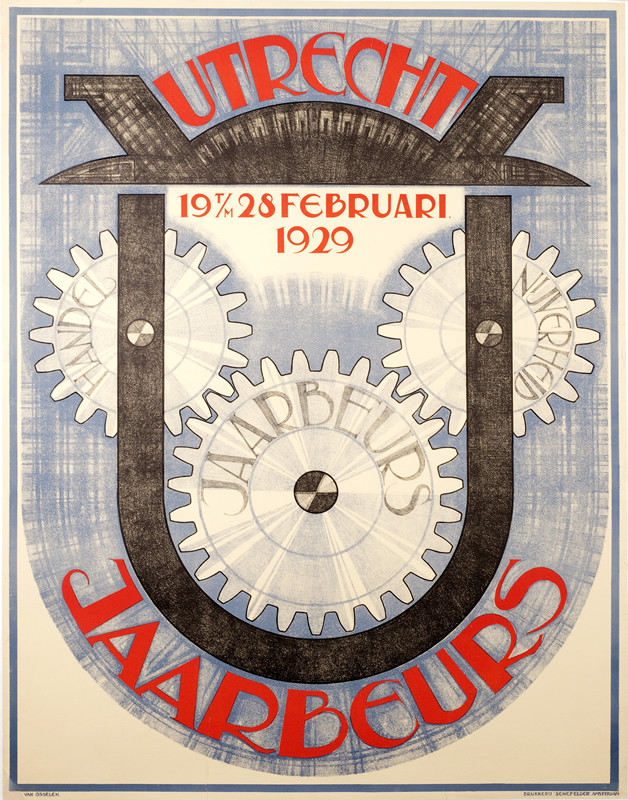 3 gears, letter "U"; blue, red, black