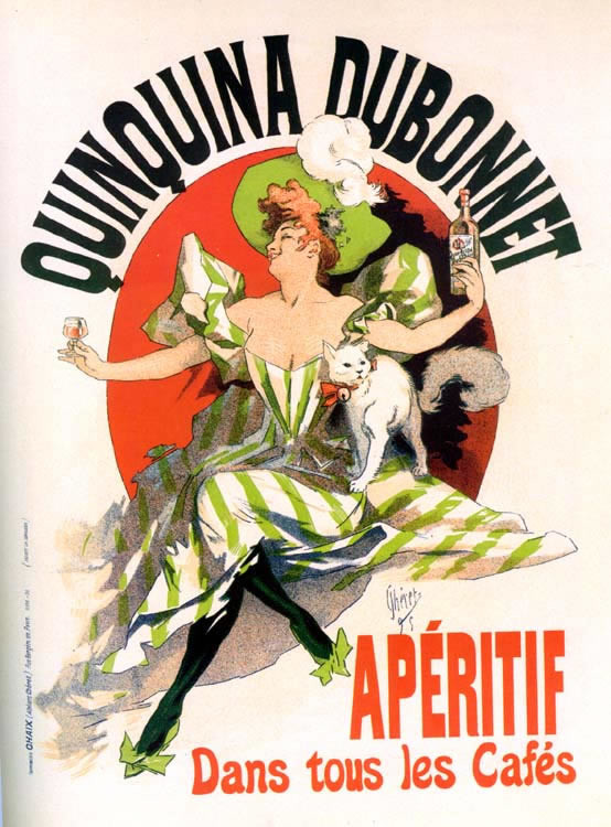 Happy girl with her cat and a bottle of Dubonnet; red, green, white