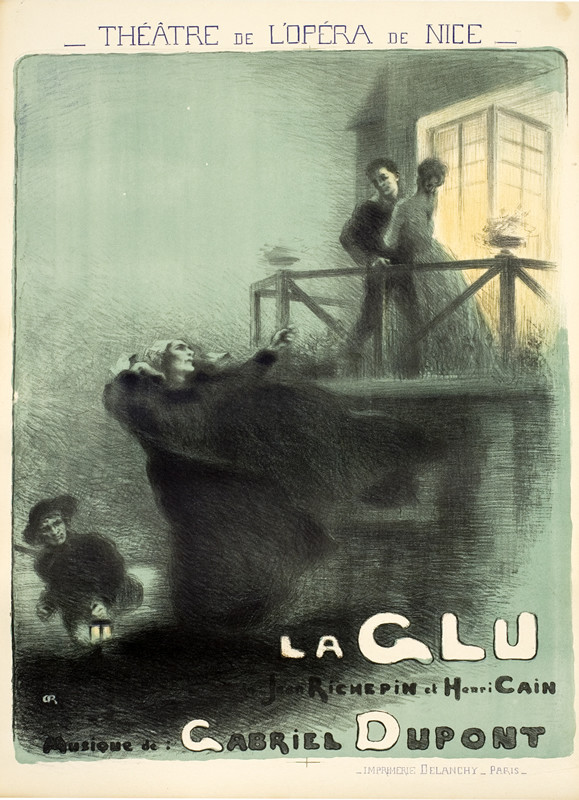 Man and woman embrace on balcony, woman looks on mournfully below, man with lantern; blue, gray, black, white