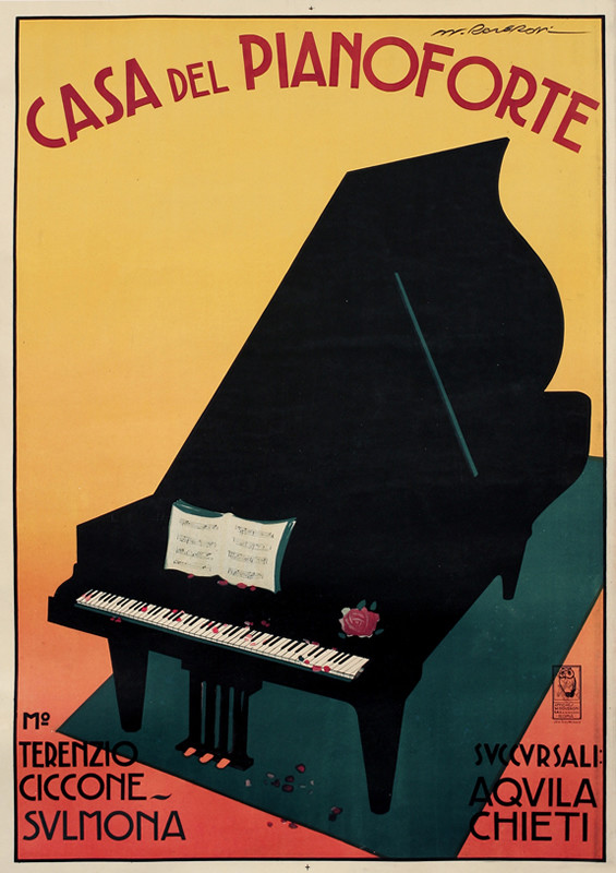 Baby grand piano with sheet music and rose petals; yellow, black, green