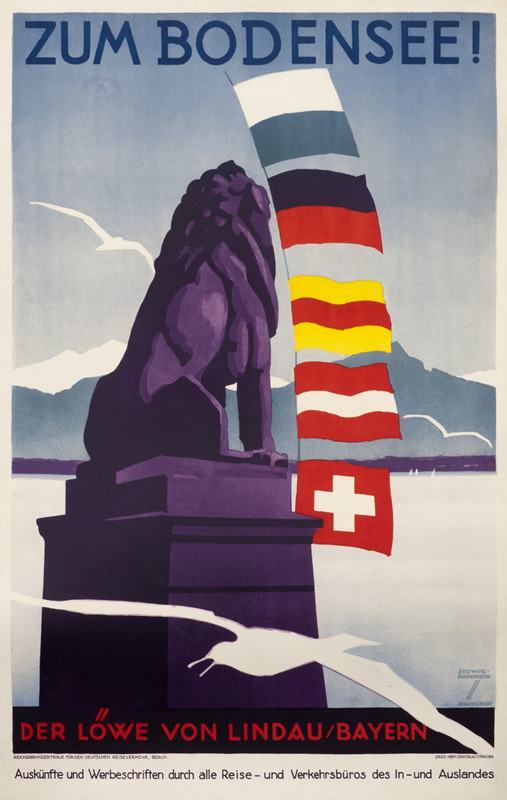 Statue of lion overlooks lake, seagull in foreground, flags; purple, teal, red