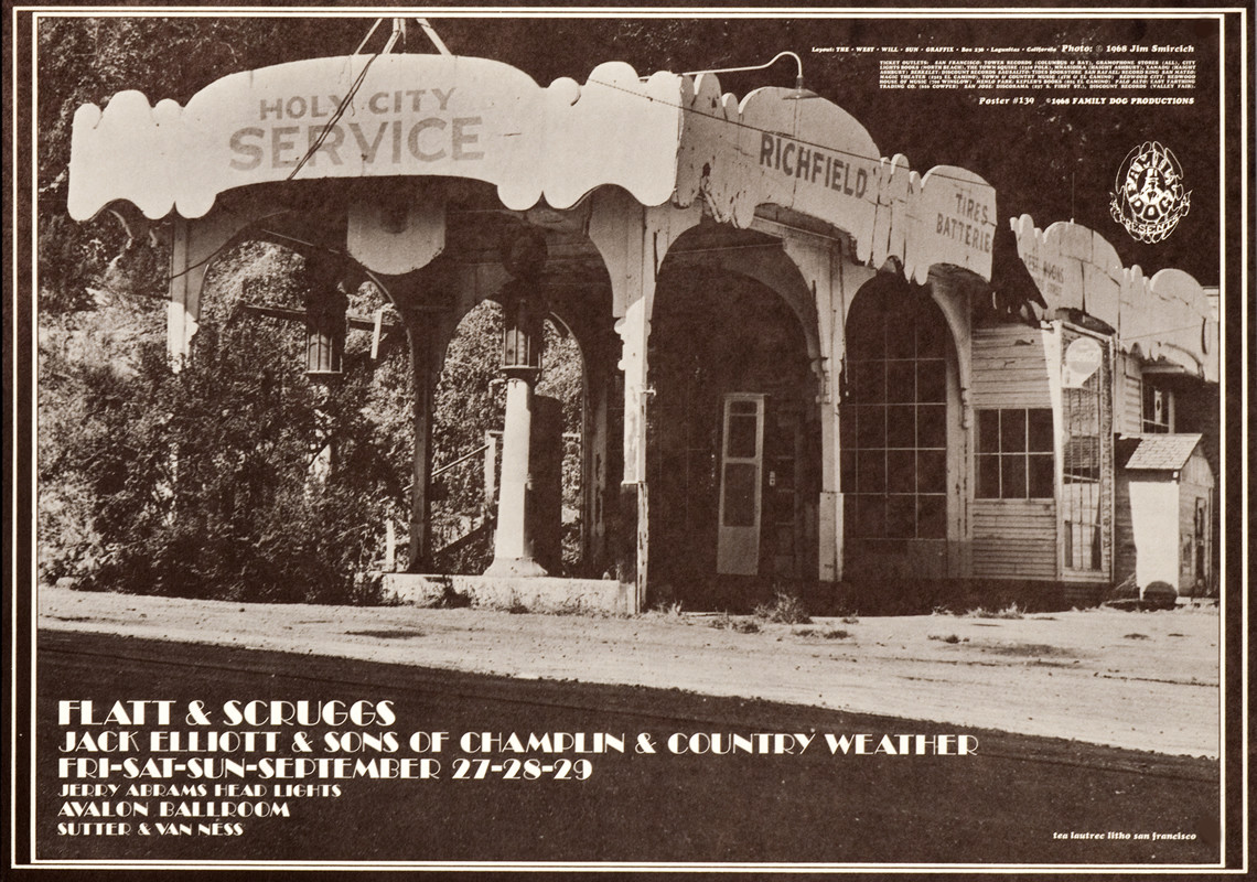 Photograph of abandoned gas station; black, white