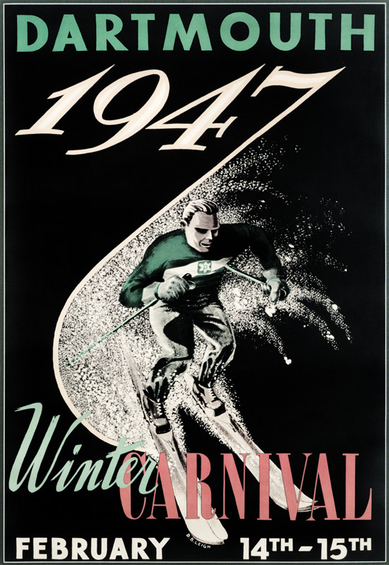 Skiier; black background, pink and green lettering